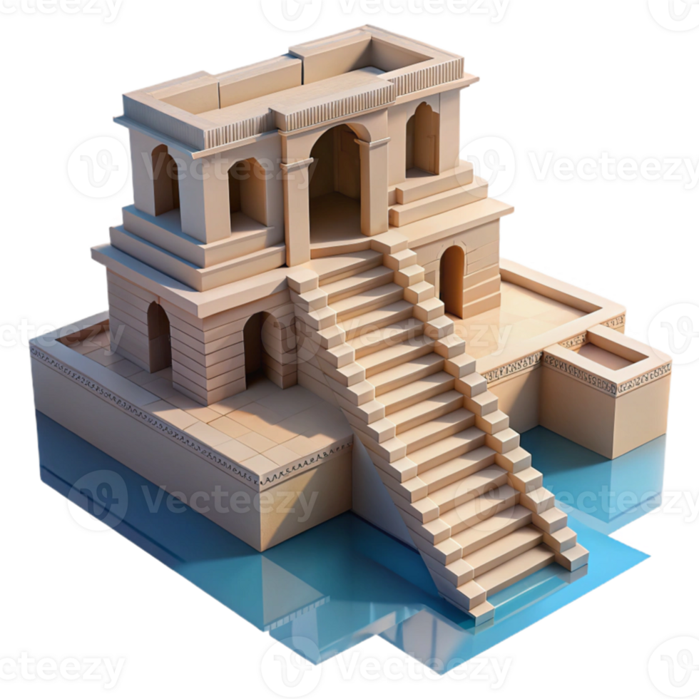 wonderful classic Indian stepwell, symmetrical geometric design, cool shadows, midday lighting, historical style premium png