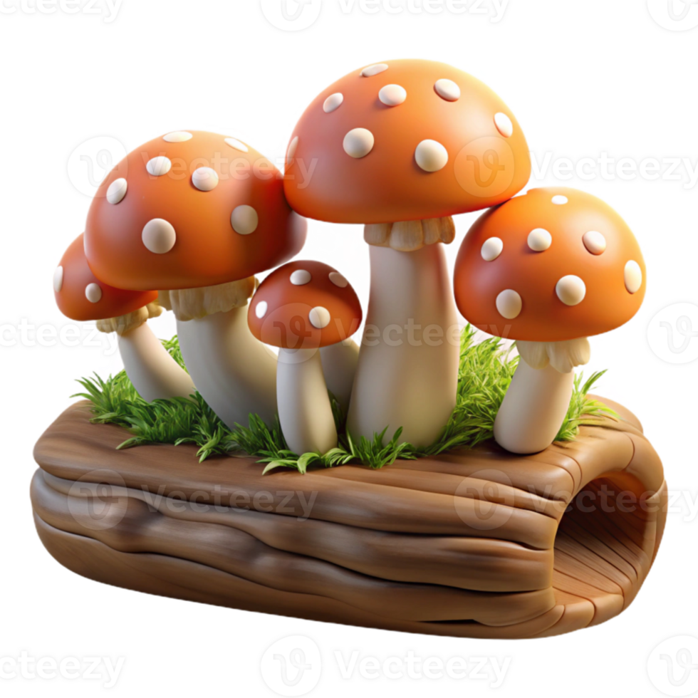 wonderful traditional A group of mushrooms growing on a log, forest floor setting, soft lighting, realistic style professional png