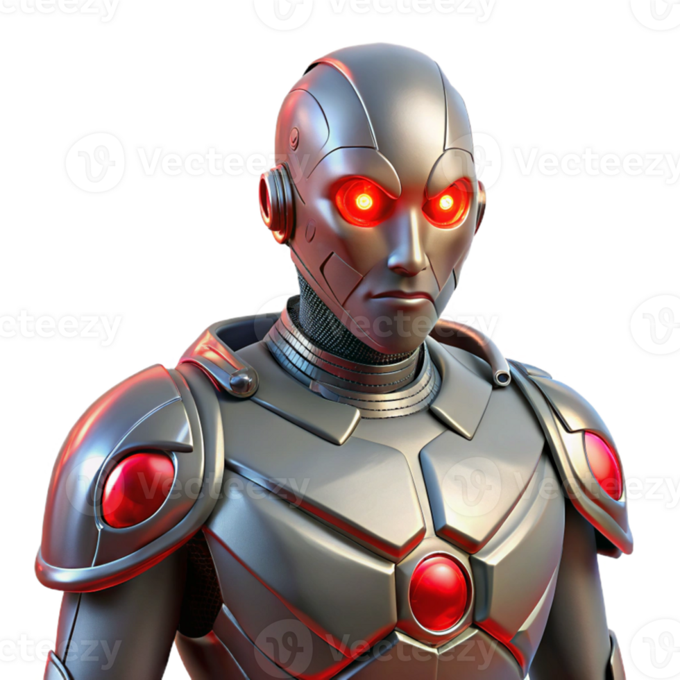 dramatic minimalist A cybernetically enhanced human, with glowing red eyes and metallic implants, stands defiantly against a backdrop of digital noise. Biopunk style exclusive png