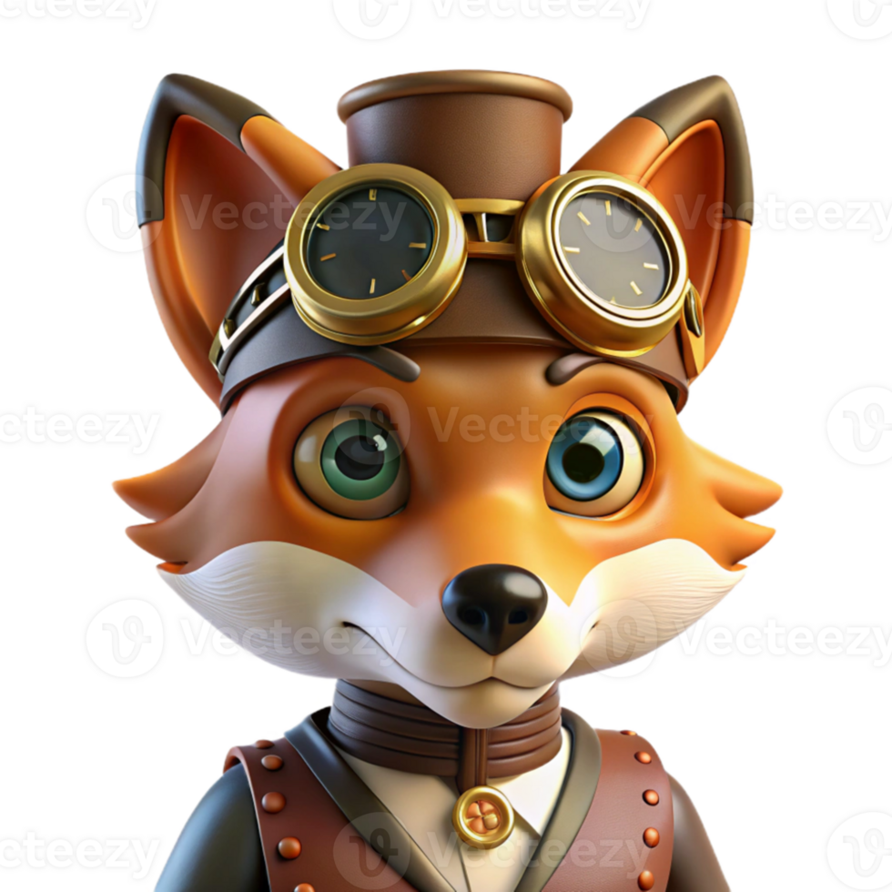 stunning contemporary A close-up portrait of a steampunk fox wearing goggles and a tiny top hat, intricate clockwork mechanisms visible on its face. Soft, Rembrandt lighting. Steampunk style 4K png