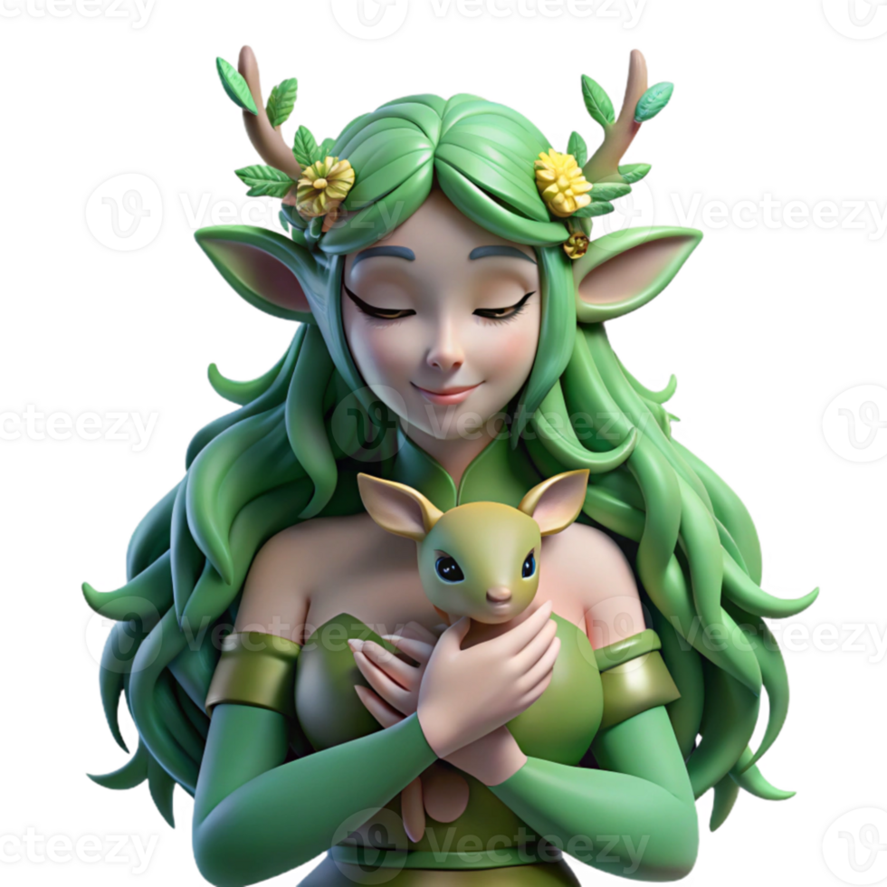 extraordinary creative A serene dryad with emerald green skin and hair made of leaves, cradling a fawn, bathed in dappled sunlight. Art Nouveau style professional png