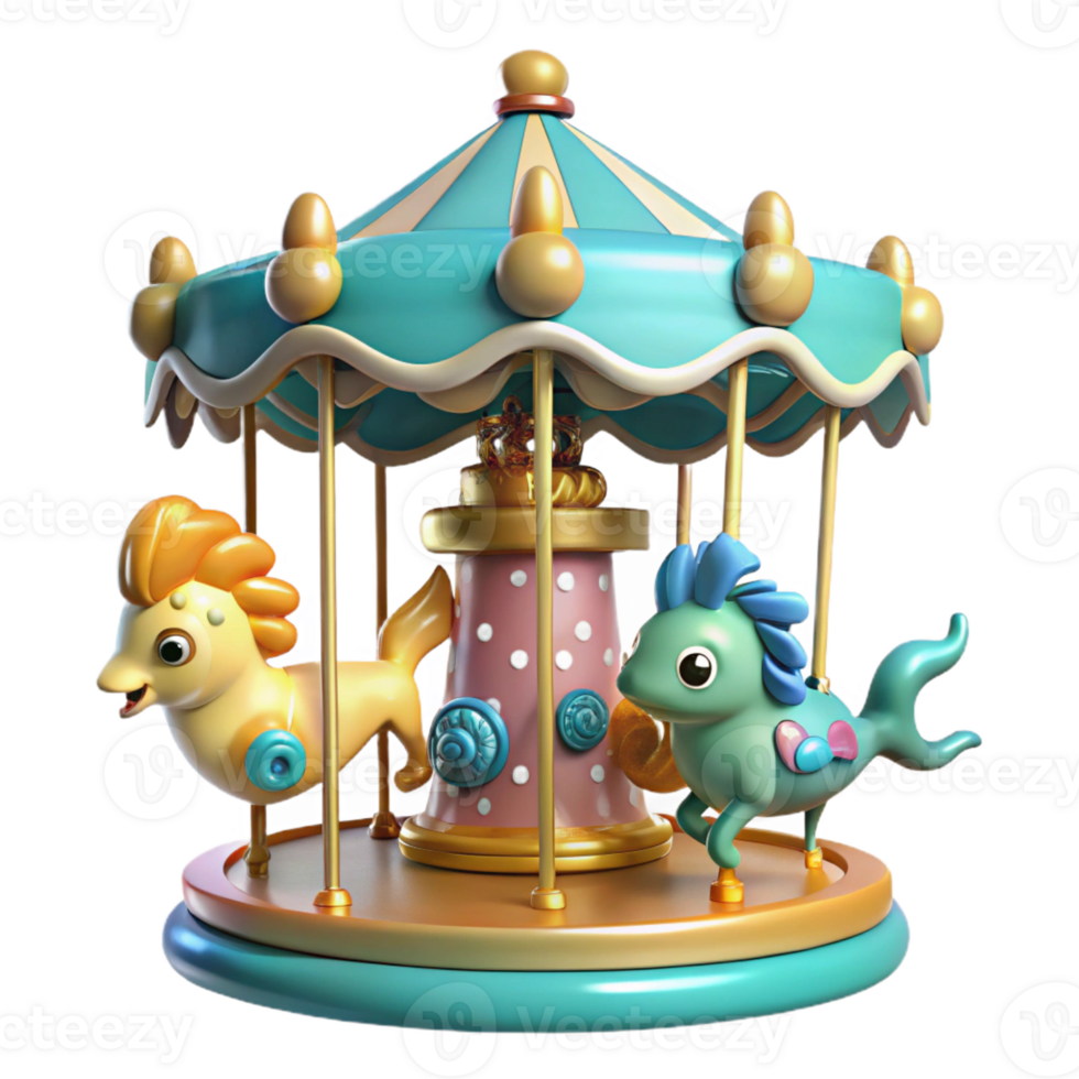 wonderful artistic A whimsical underwater carousel with seahorses and fish as riders, bright, cheerful lighting, playful, children's illustration style, premium png