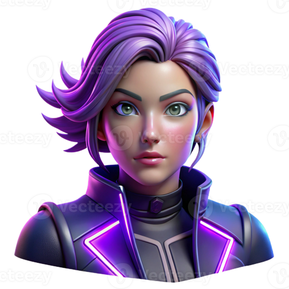 vibrant classic Portrait of a cyberpunk woman with vibrant purple hair, glowing cybernetic implants, and a defiant expression, lit by neon signs, in a digital art style professional png