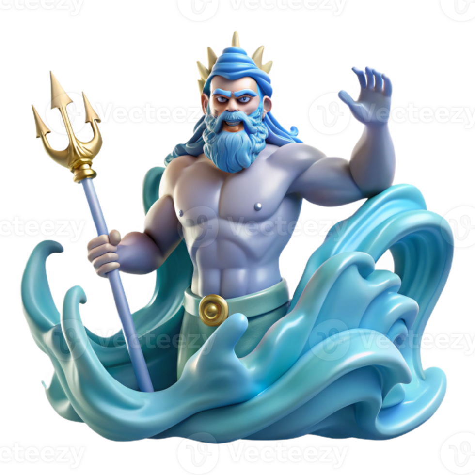magnificent minimalist Poseidon, god of the sea, wielding a trident crafted from coral and pearls, waves crashing around him, dynamic pose, romanticism style authentic png
