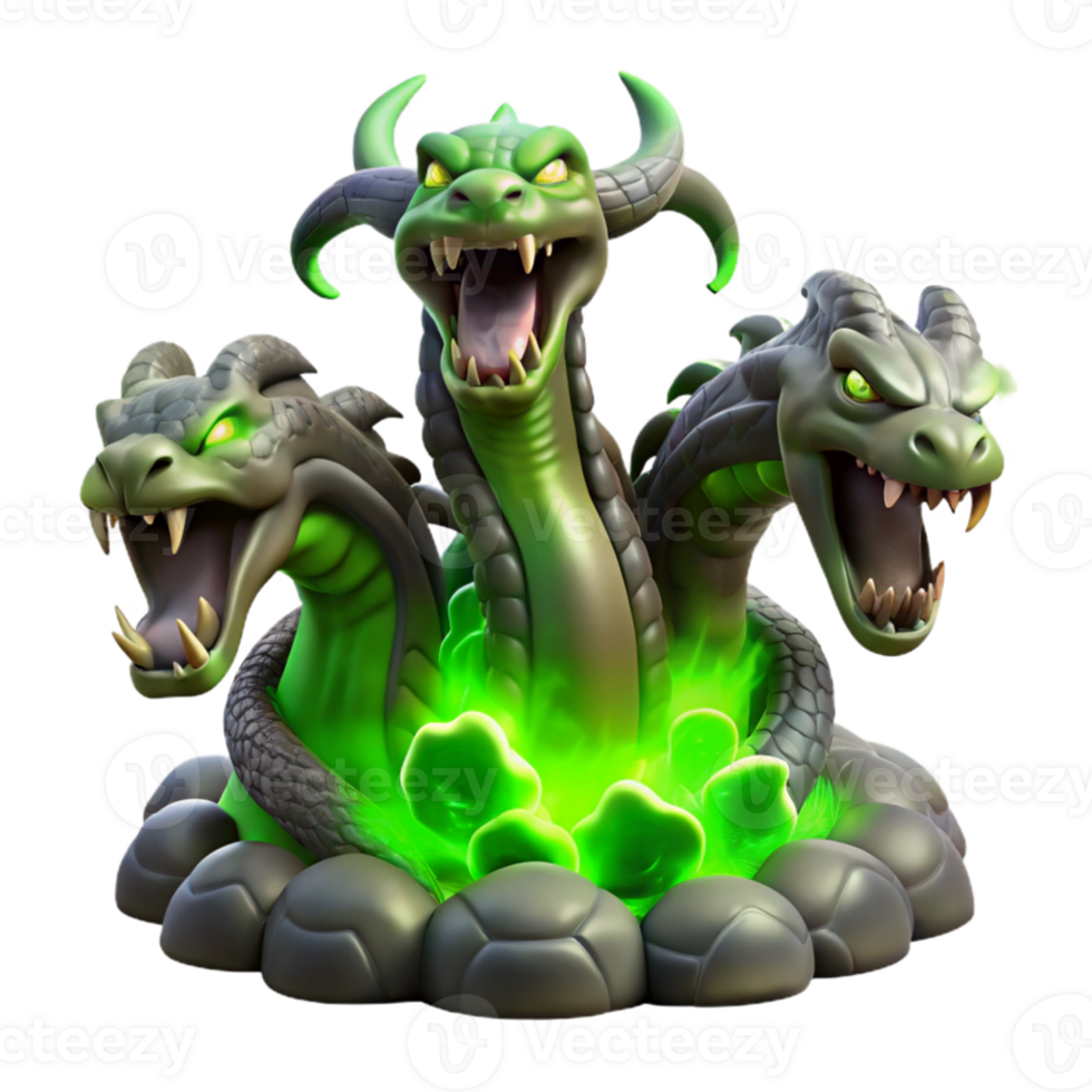 stunning artistic A fearsome hydra, each head spewing venomous green smoke, emerging from a murky swamp, illuminated by flashes of lightning. Baroque style detailed png