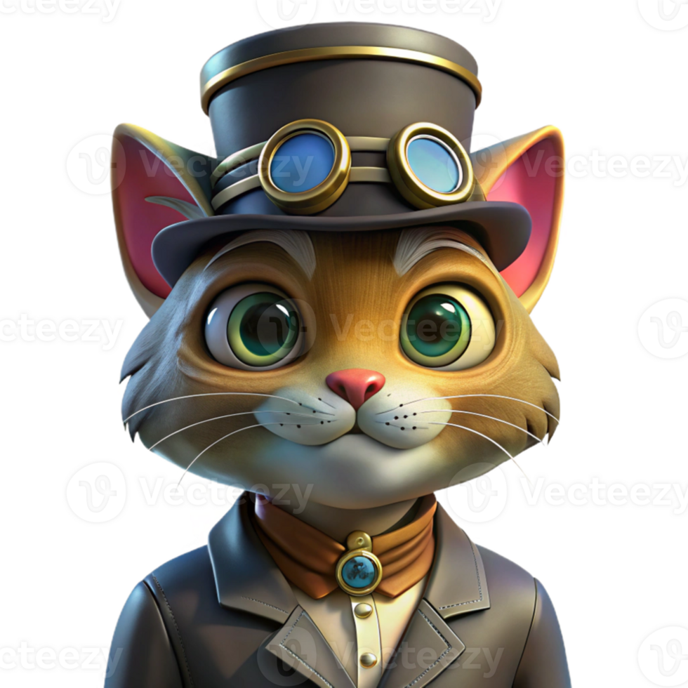 impressive minimalist A portrait of a steampunk cat wearing goggles and a tiny top hat, illuminated by a warm, inviting light. Vintage illustration style exclusive png