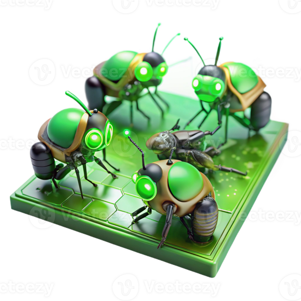 dramatic artistic A group of miniature, insect-like robots swarming over a circuit board, lit by the green glow of LEDs, in a macro photography style professional png