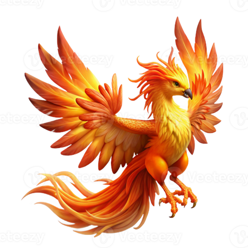 serene traditional A beautiful phoenix with fiery plumage, rising from the ashes, in a volcanic landscape. Epic fantasy style, dramatic lighting exclusive png