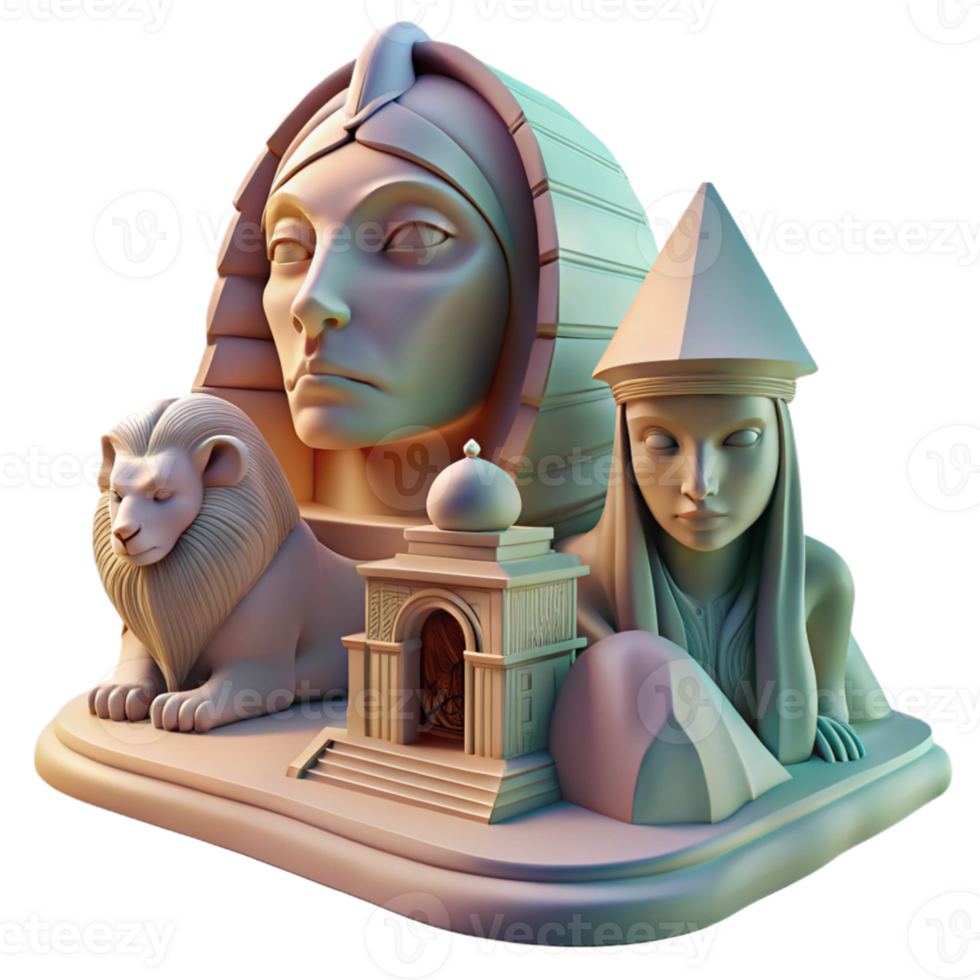 vibrant vintage A mysterious sphinx with the head of a woman and the body of a lion, guarding a hidden temple. Surrealist fantasy art style high resolution png