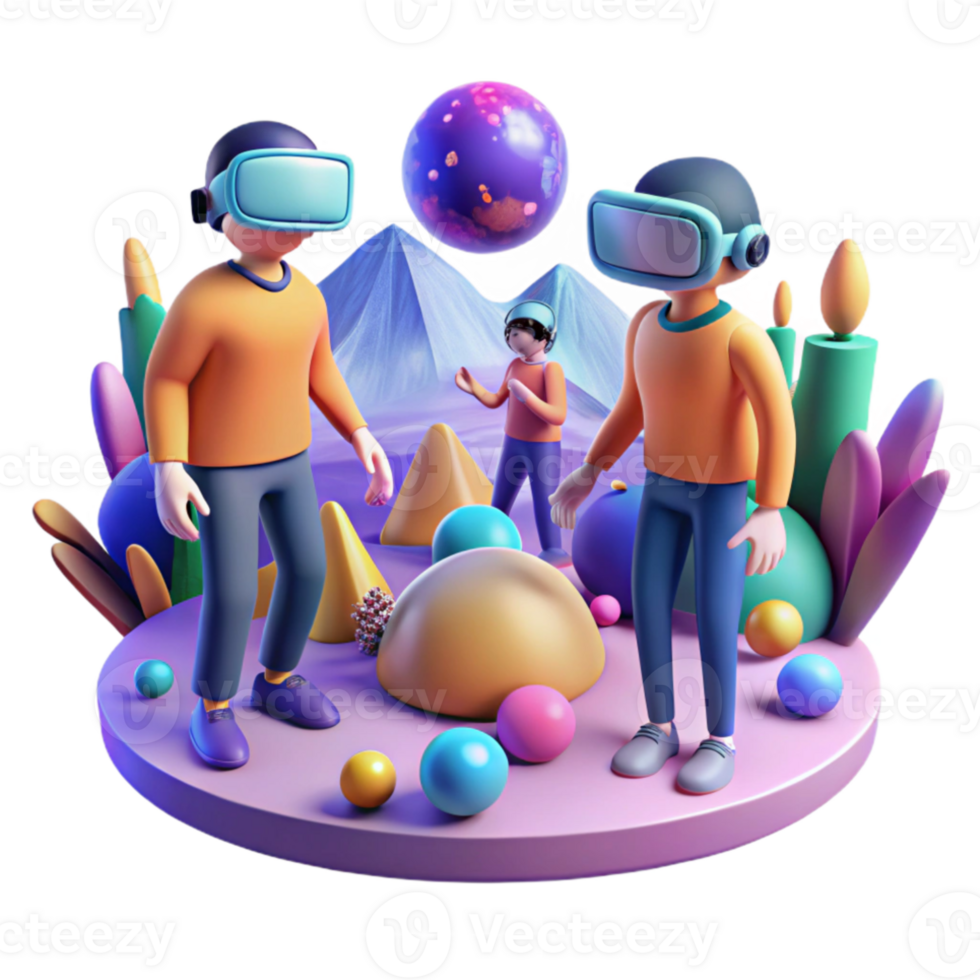 beautiful minimalist A group of people wearing VR headsets exploring a virtual world, vibrant colors and fantastical landscapes, immersive and dreamlike style premium png