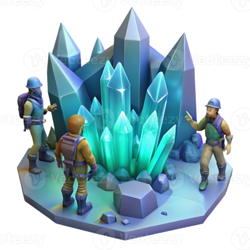 serene minimalist A group of adventurers exploring a crystal cave, illuminated by the soft glow of the crystals. Digital painting style high resolution png