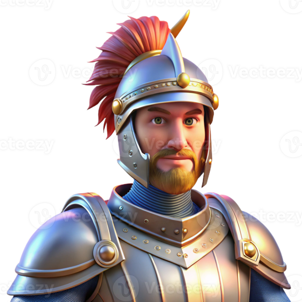 magnificent creative Portrait of a noble knight in shining armor with a plumed helmet, a chivalrous expression, and a gleaming sword, lit by bright sunlight high resolution png