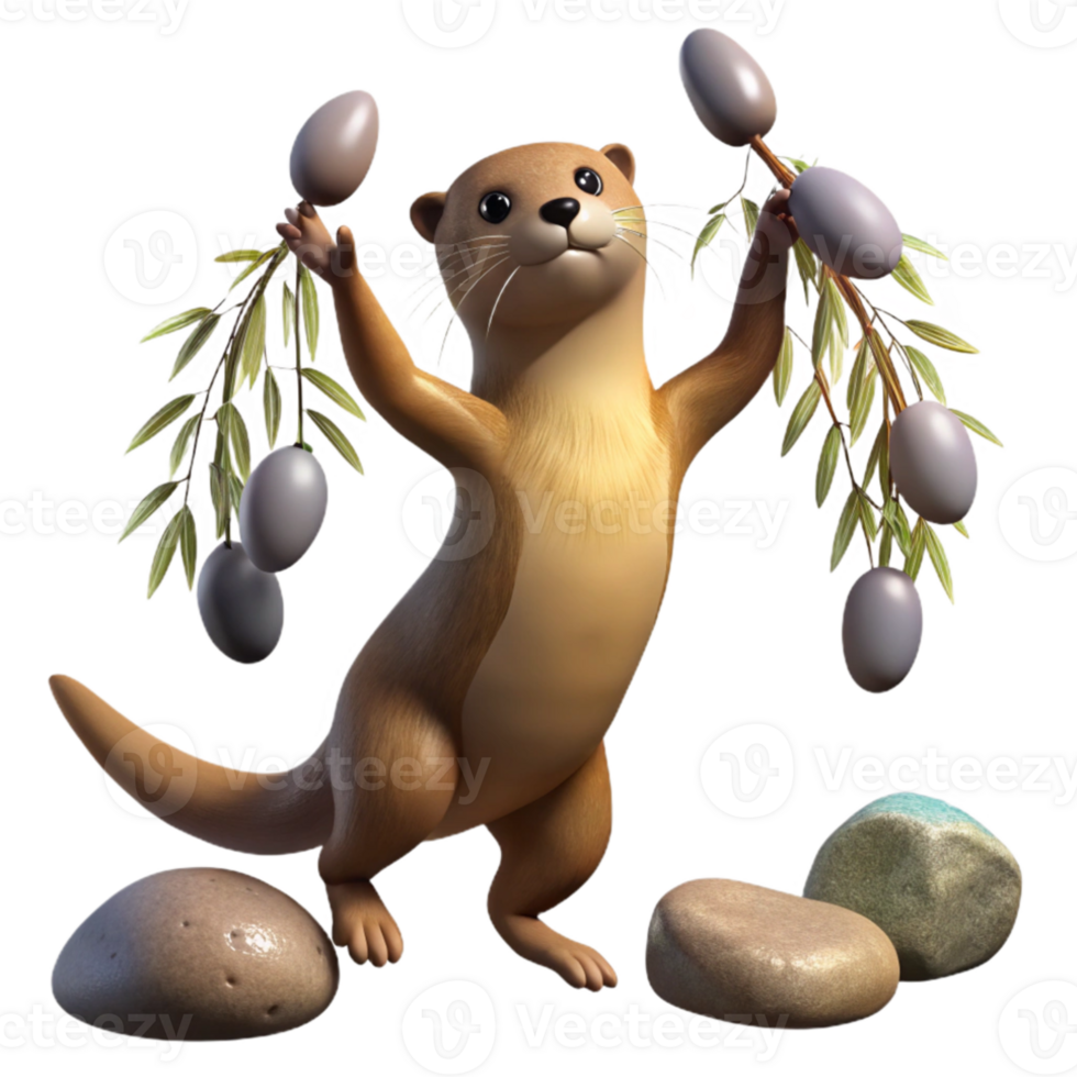 extraordinary classic A playful otter juggling smooth river stones, light dappled through overhanging willow branches, impressionist painting style premium png