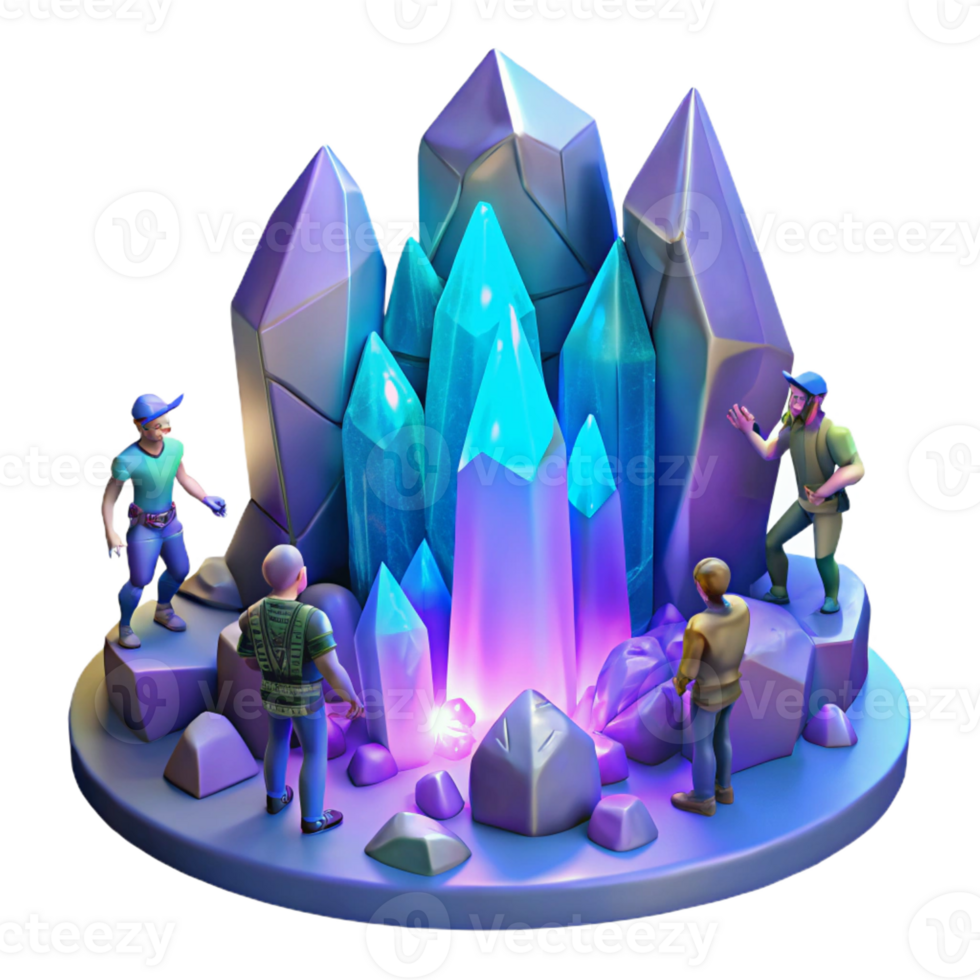extraordinary modern A group of adventurers exploring a hidden, crystal cave, illuminated by glowing crystals of various hues. Vibrant, magical lighting. Fantasy art style authentic png