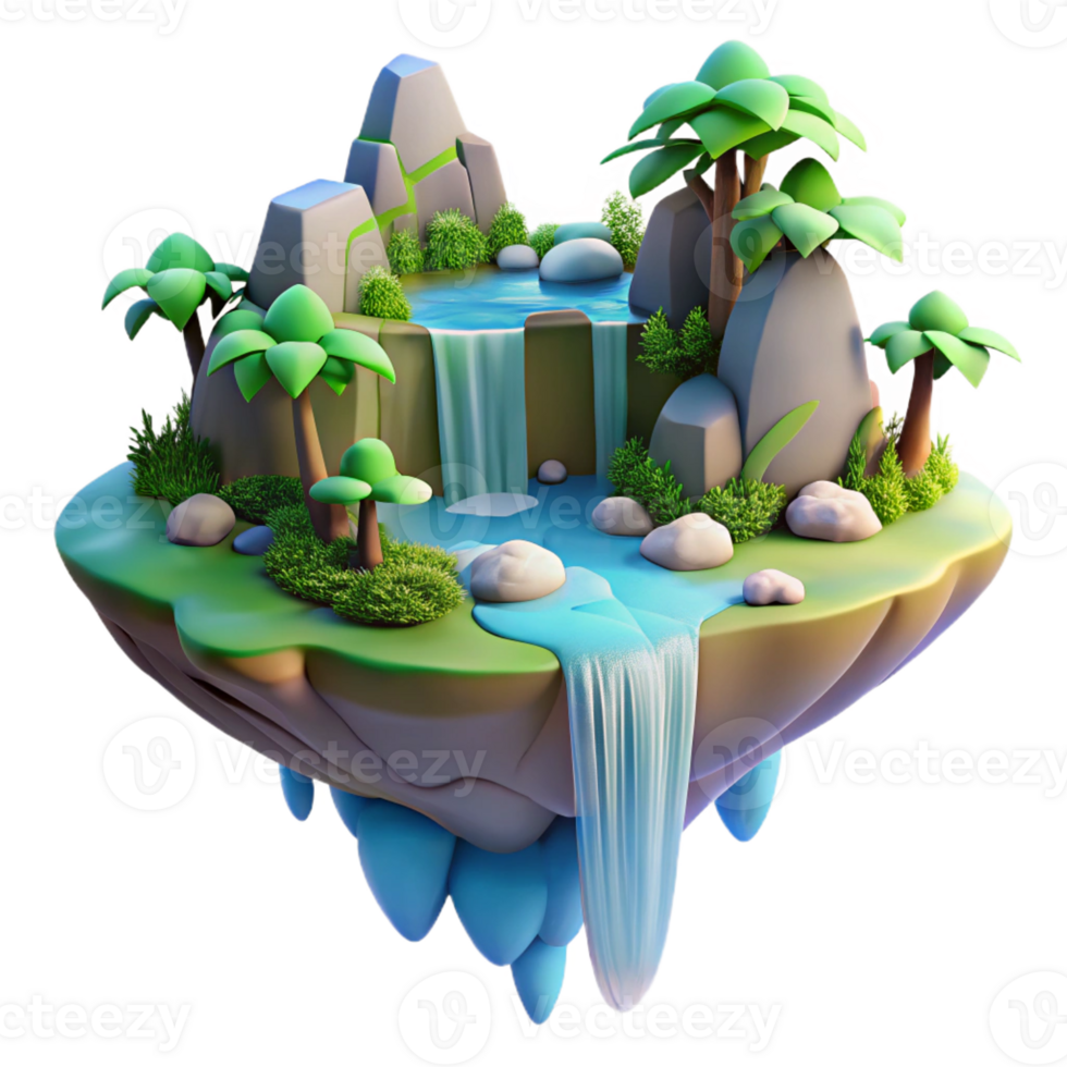 impressive artistic A floating island with waterfalls cascading down its sides, lush vegetation, vibrant, dreamlike atmosphere. Surreal style professional png
