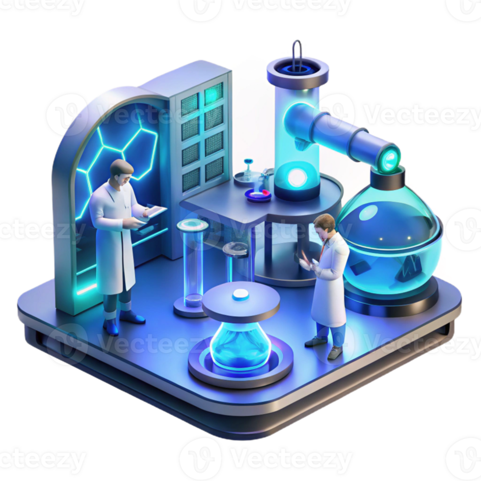 extraordinary rustic A futuristic laboratory with glowing equipment and holographic displays, scientists working in the background, cool blue lighting, sci-fi style 4K png