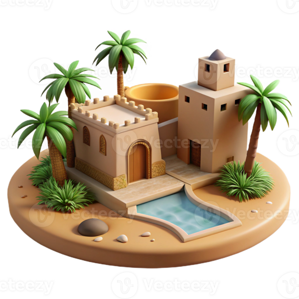 extraordinary vintage Desert oasis with traditional mud-brick architecture, palm trees, bright sunlight, realistic rendering detailed png