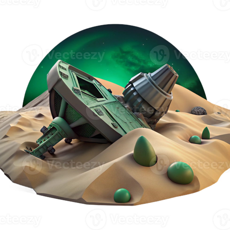 elegant creative A spaceship wreckage on a desolate alien planet, sand dunes stretching to the horizon, eerie green sky, post-apocalyptic atmosphere exclusive png