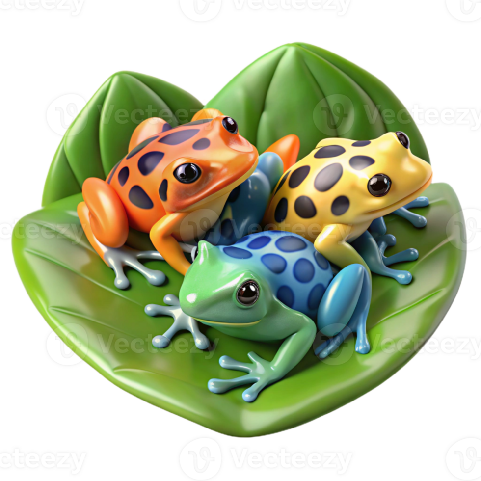 impressive vintage A group of colorful poison dart frogs clustered on a large leaf, rainforest setting, vibrant and detailed high quality png