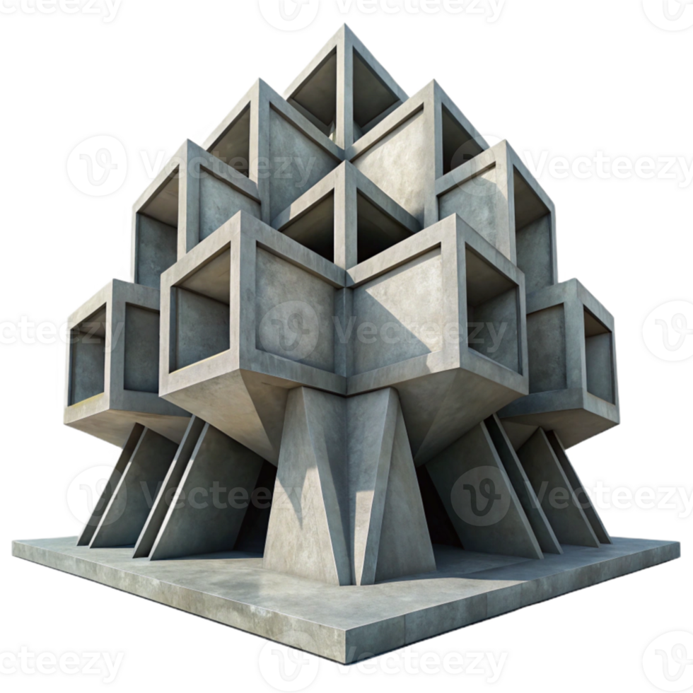 serene rustic Brutalist concrete structure, massive forms, geometric patterns, stark shadows, urban landscape, architectural photography high resolution png