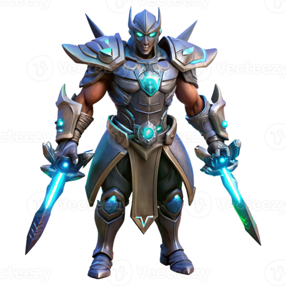 dramatic contemporary A cyborg warrior, with glowing energy blades and intricate armor, stands ready for battle. Dark fantasy style original png