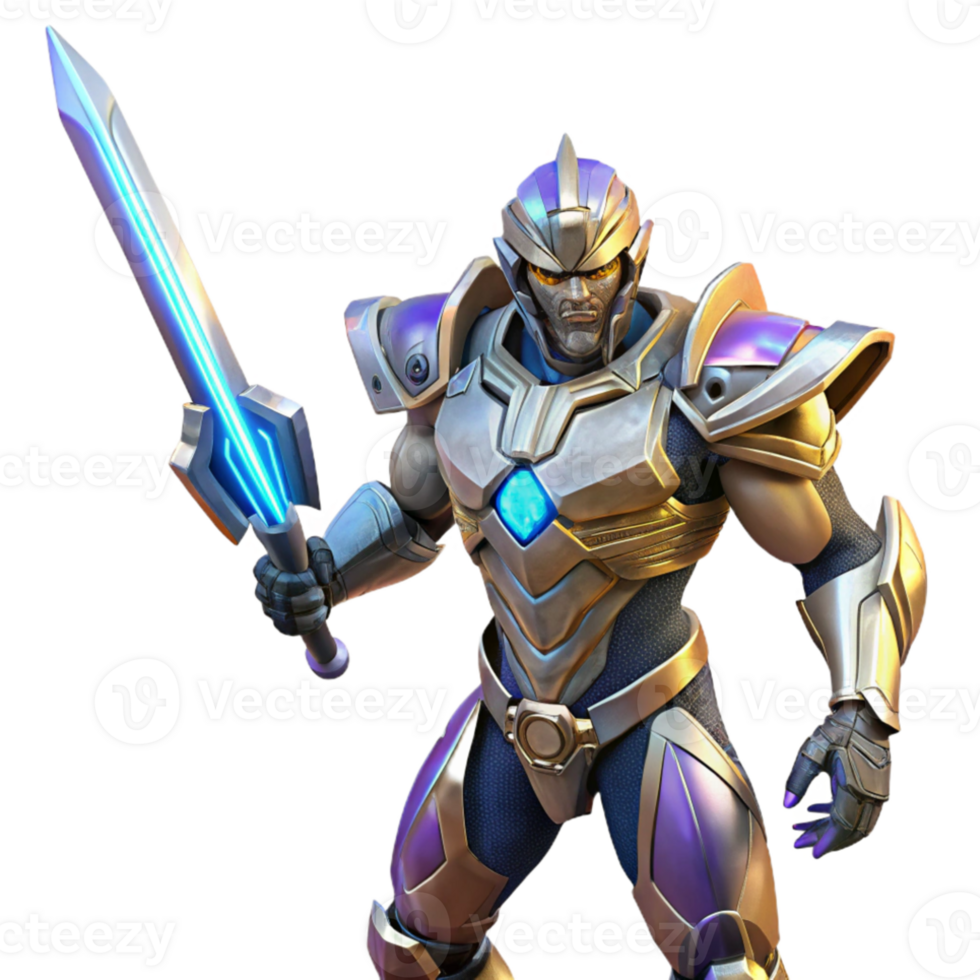 magnificent modern A futuristic warrior in ornate power armor wields a plasma blade, preparing for battle. Dynamic lighting, heroic style high quality png