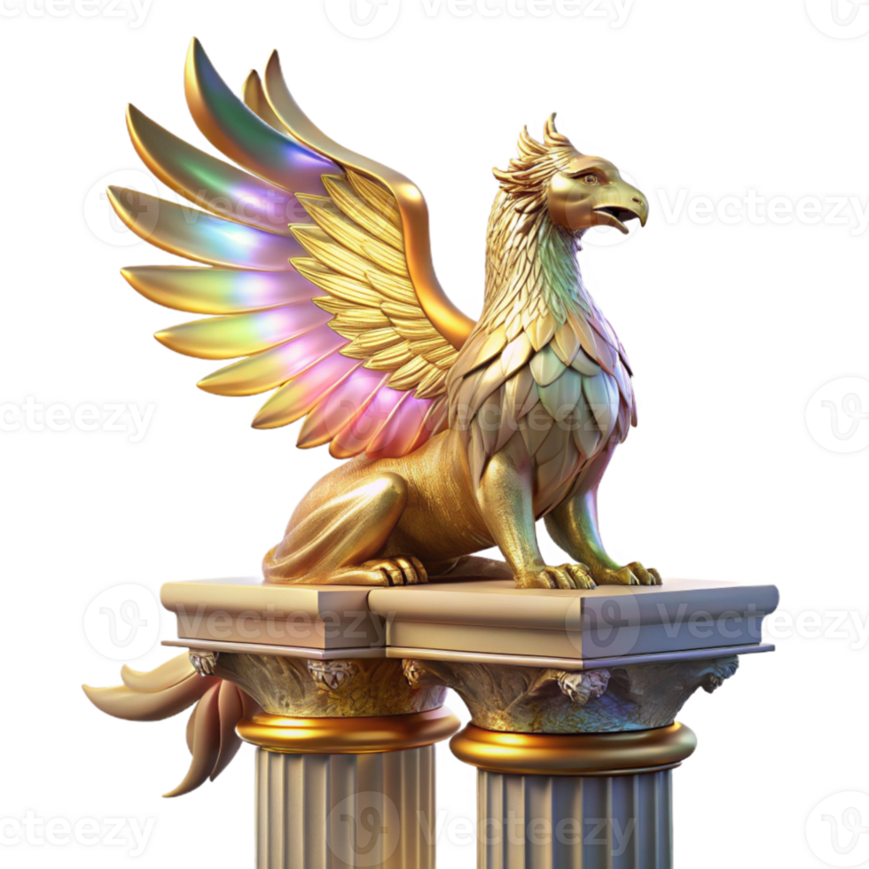 elegant abstract A majestic griffin with iridescent feathers, perched atop a crumbling marble pillar, lit by a single shaft of golden light. Art Deco style professional png