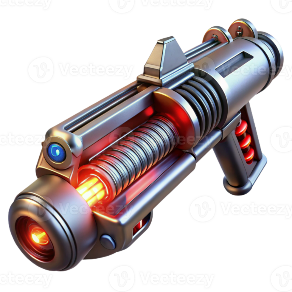 beautiful contemporary A futuristic weapon with glowing energy coils and intricate details, metallic textures and sleek design, dark background with red accents, sci-fi style original png
