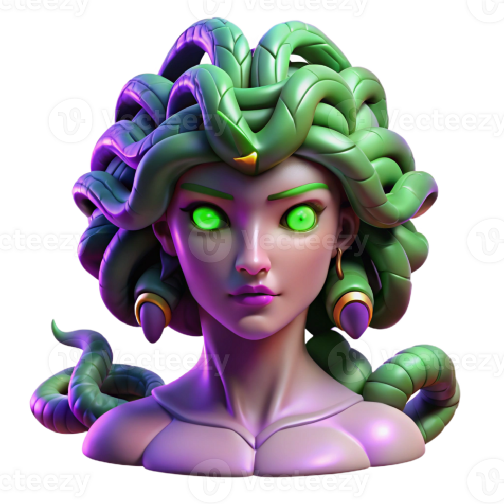 vibrant abstract A beautiful Medusa, with snakes of emerald green, her gaze turning a nearby statue to stone, lit by an eerie, purple light. Symbolism style original png