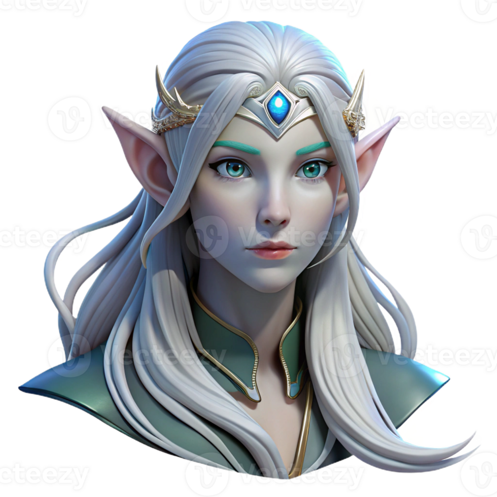 dramatic rustic Portrait of a majestic elf with long flowing silver hair, ethereal features, and a serene expression, lit by moonlight, in a fantasy art style high quality png