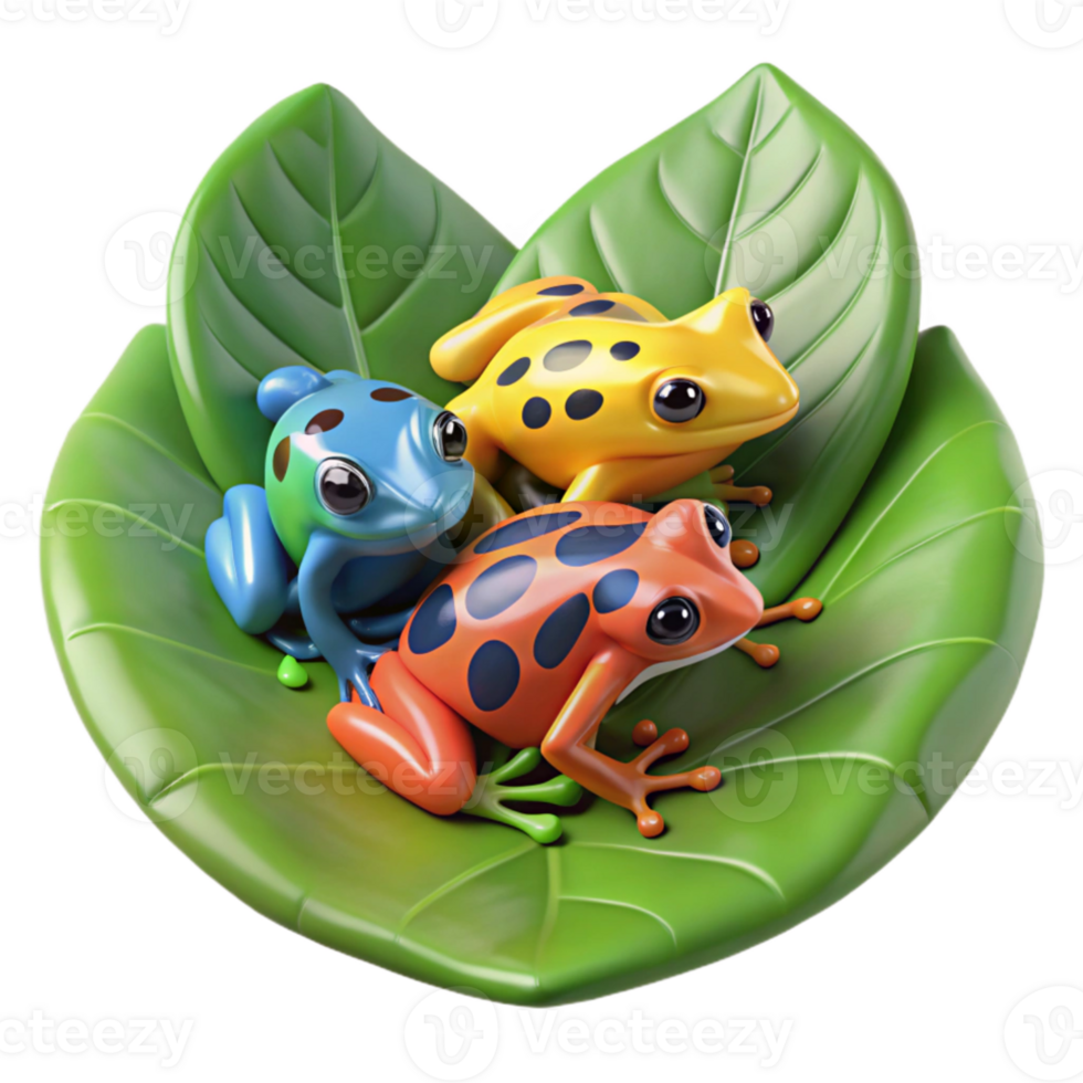 impressive classic A group of colorful poison dart frogs clustered on a large leaf, rainforest setting, vibrant and detailed original png