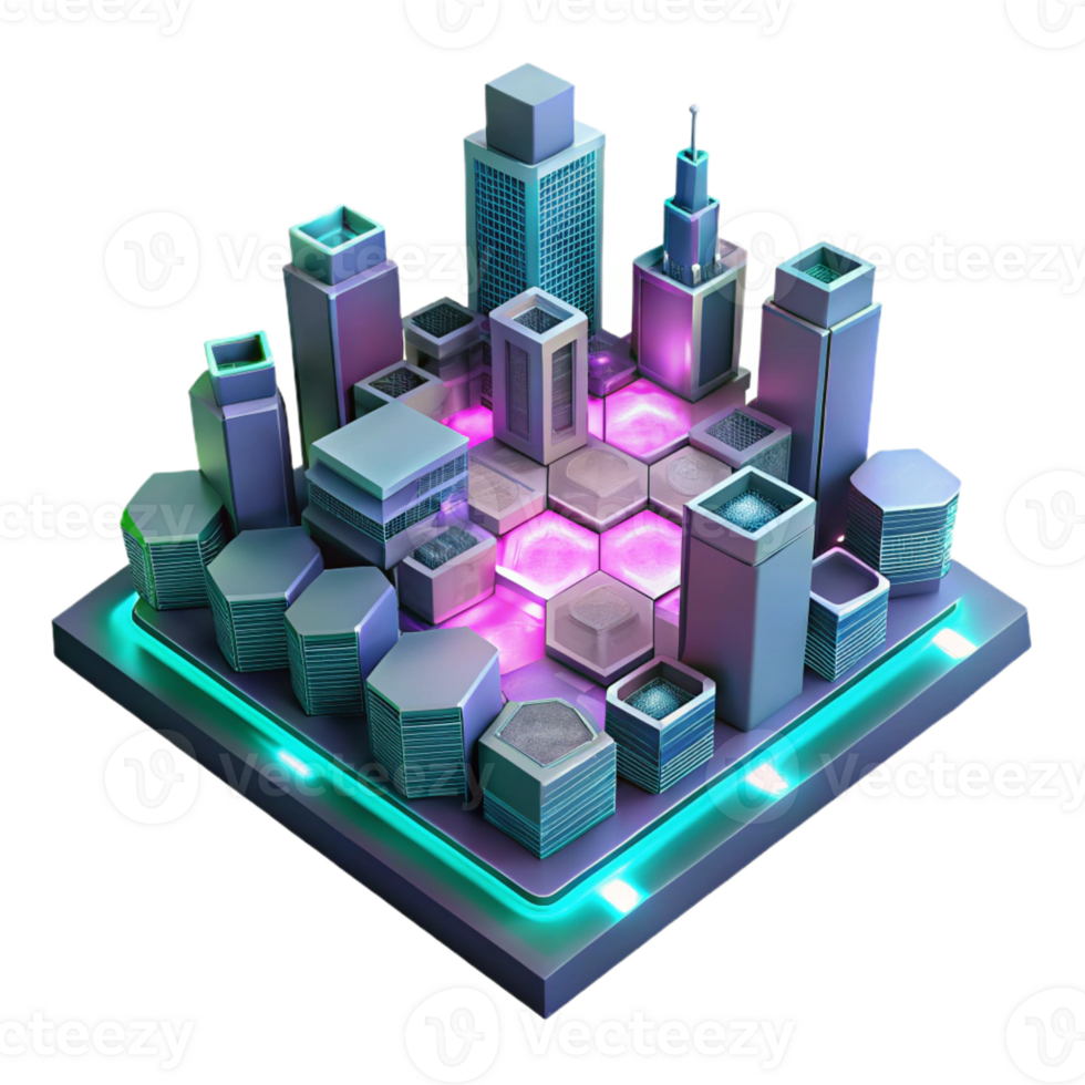 dramatic modern A futuristic cityscape built on interconnected hexagonal platforms, illuminated by neon pink and teal lights, cyberpunk style original png