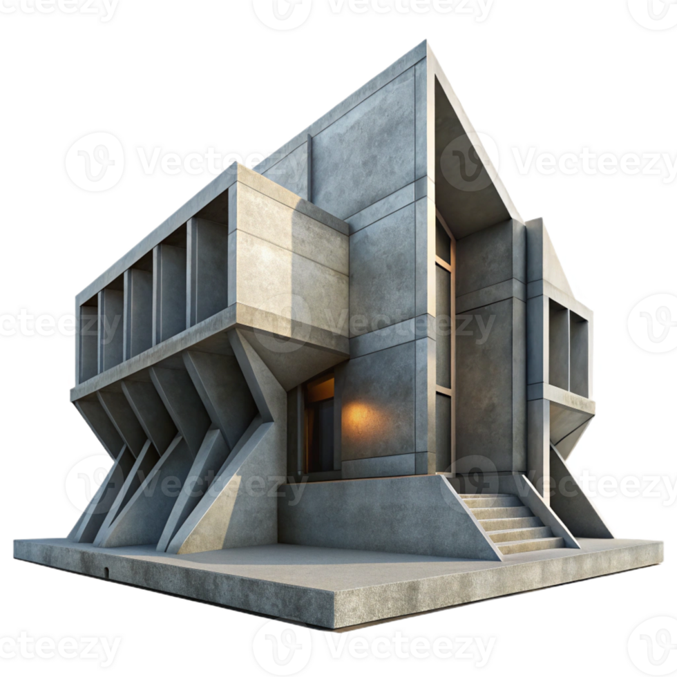 dramatic artistic Brutalist concrete library, stark geometric forms, overcast sky, dramatic shadows, imposing and monumental scale high resolution png