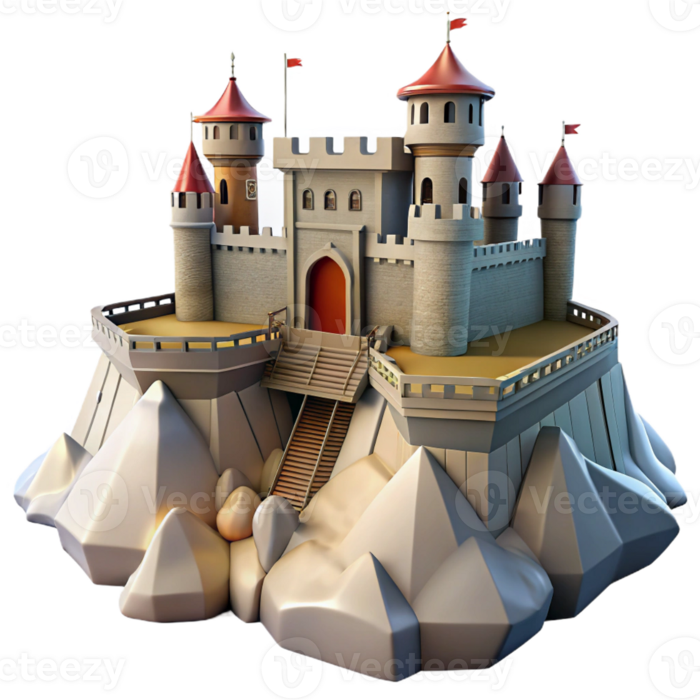 serene contemporary Medieval castle on a cliff, fortified walls, drawbridge, dramatic sky, epic scale, matte painting high quality png