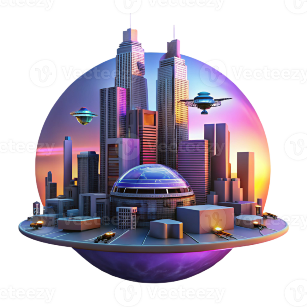 serene contemporary Futuristic cityscape at sunset, flying vehicles, holographic advertisements, neon lights, cyberpunk style, digital art high resolution png