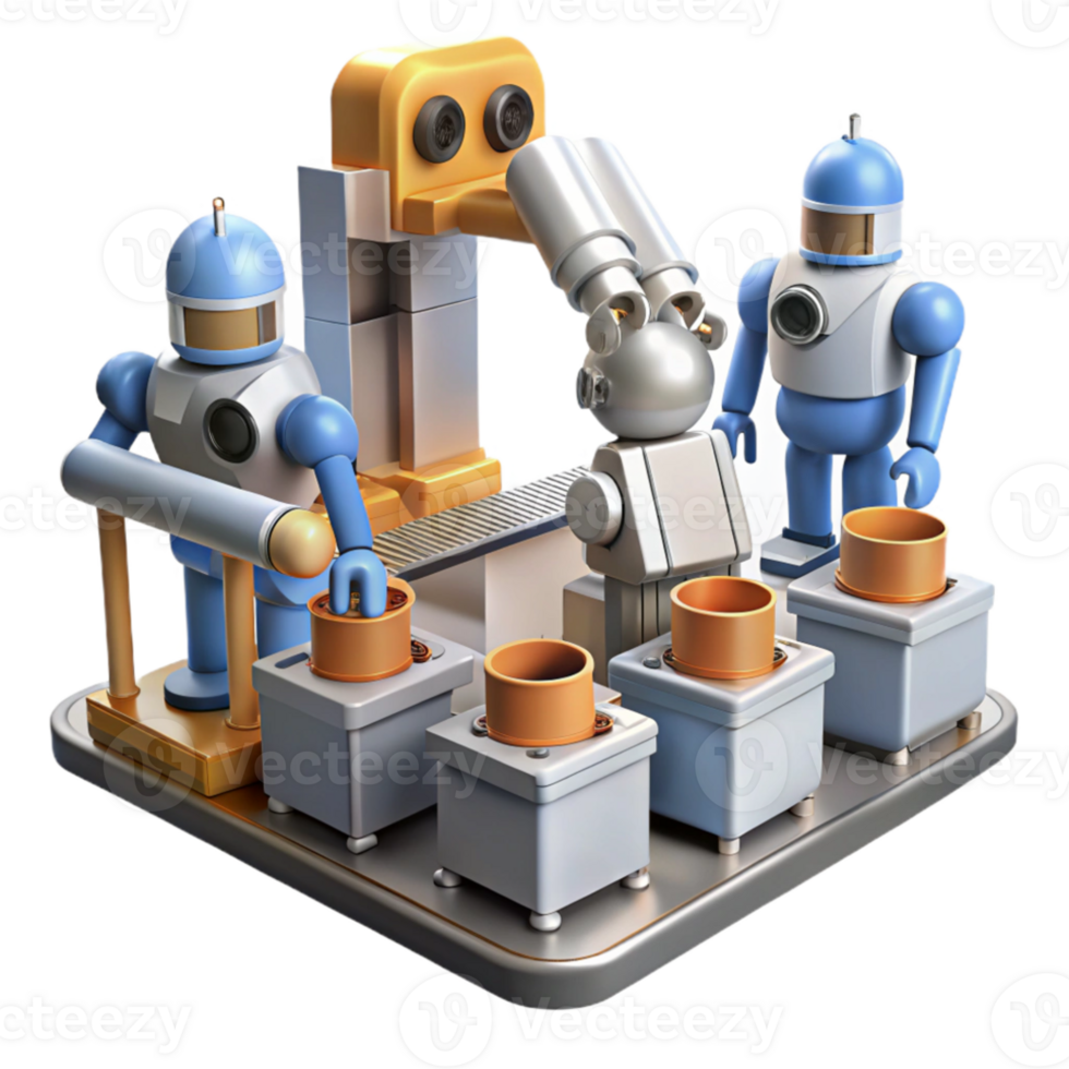 magnificent vintage A group of robots working in a factory, industrial setting, realistic style detailed png