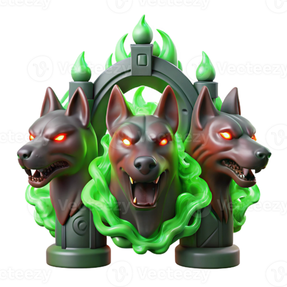 serene minimalist A three-headed Cerberus, each head a different shade of fiery red, guarding a gate of polished obsidian, illuminated by ethereal green flames. Dark fantasy style high resolution png