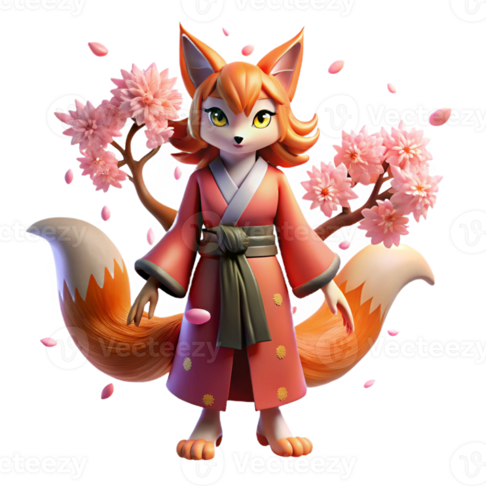 dramatic traditional A cunning kitsune, with nine flowing tails of fiery orange, transforming into a beautiful woman, under a shower of cherry blossoms, lit by soft moonlight. Anime style exclusive png