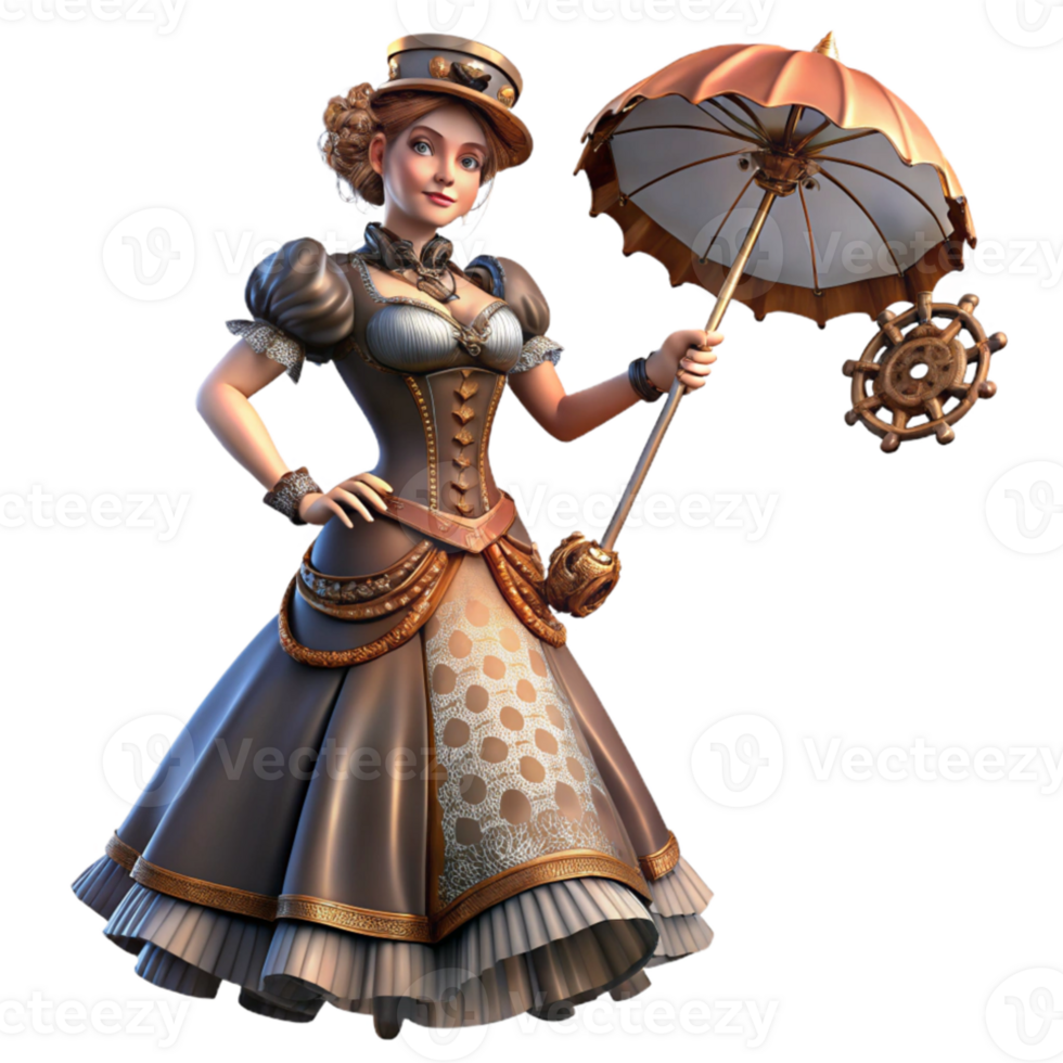 stunning minimalist A Victorian-era lady in a steampunk-inspired dress with intricate gears and cogs, holding a parasol. Dramatic, chiaroscuro lighting. Steampunk painting style exclusive png