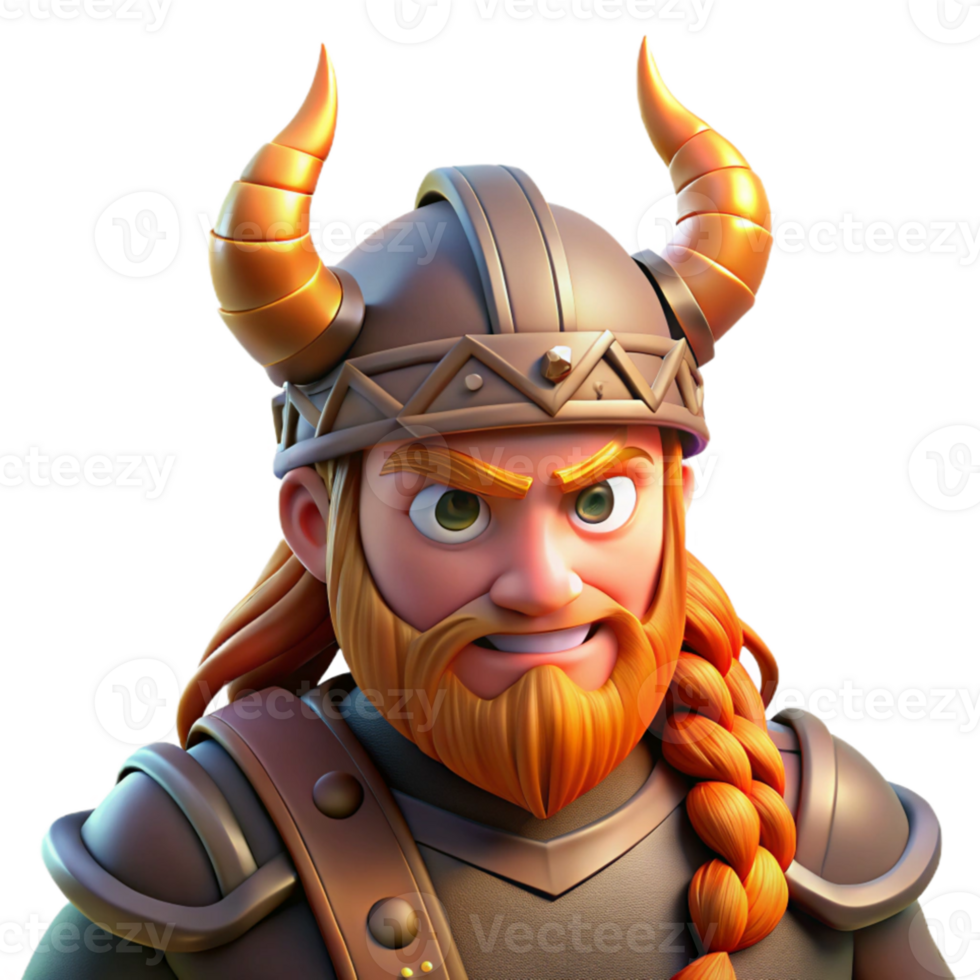 vibrant traditional Portrait of a fierce Viking warrior with braided hair, horned helmet, and a battle-ready expression, lit by flickering torchlight exclusive png