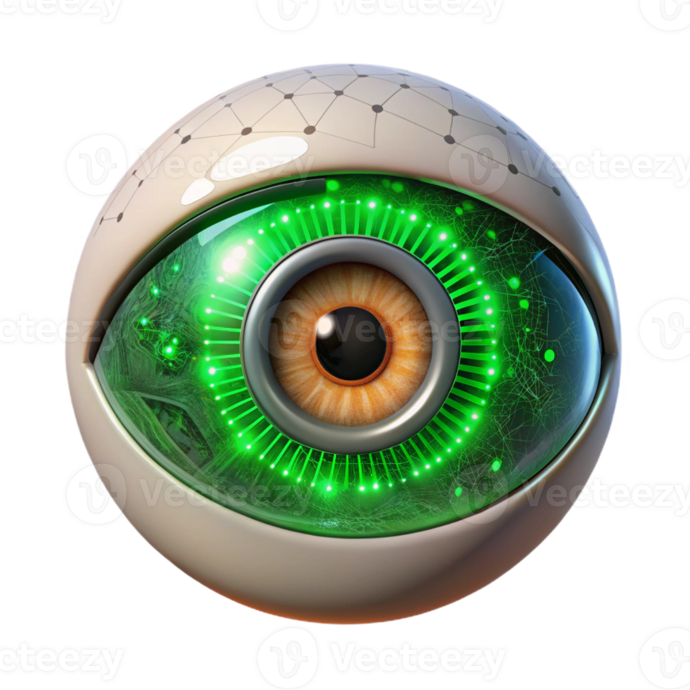 impressive modern A cyborg eye with intricate iris details zooming in on binary code, illuminated by a scanning green laser, in a cyberpunk style authentic png