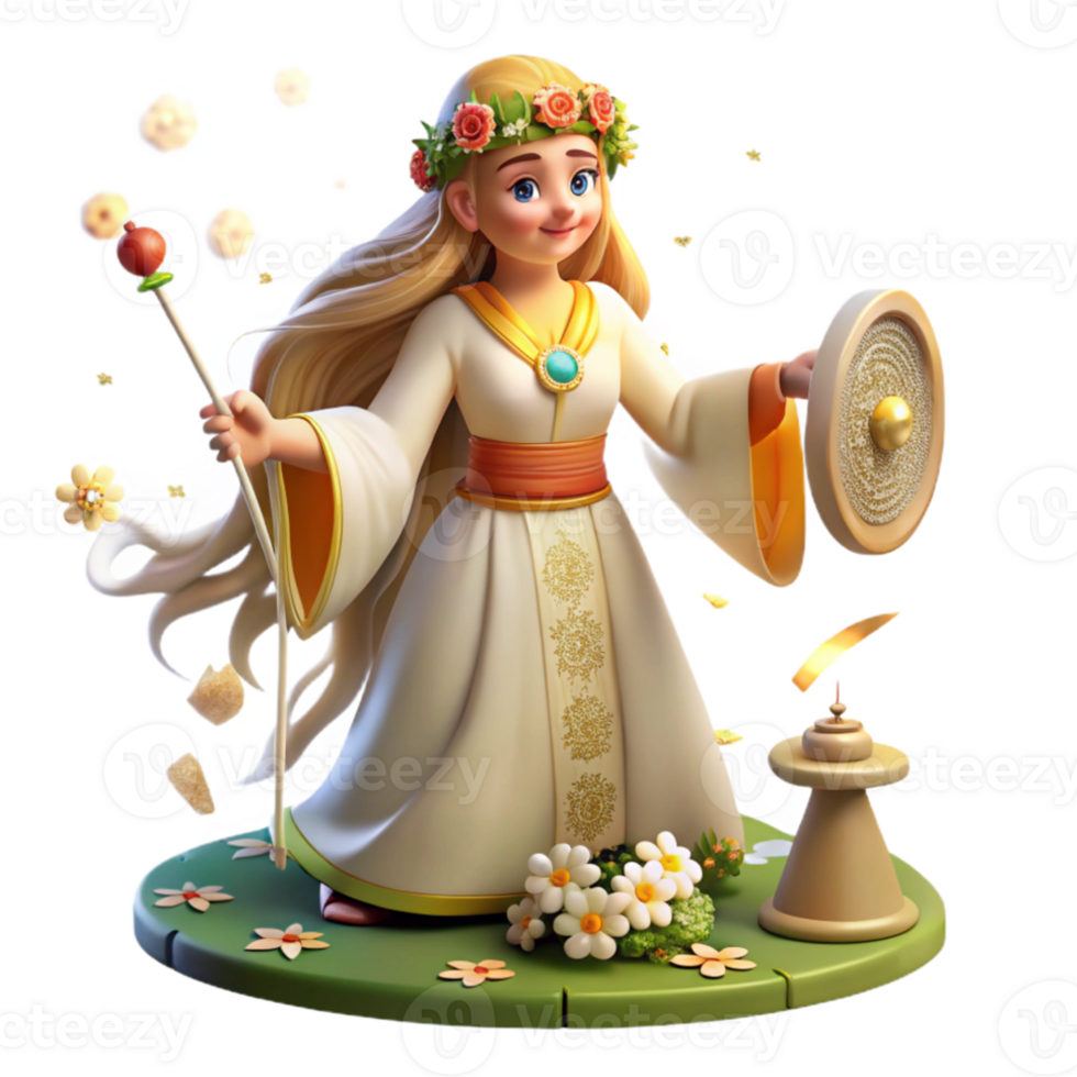 magnificent artistic A benevolent Slavic goddess Mokosh, spinning thread of fate, surrounded by blooming flowers, illuminated by warm sunlight. Slavic folklore style premium png