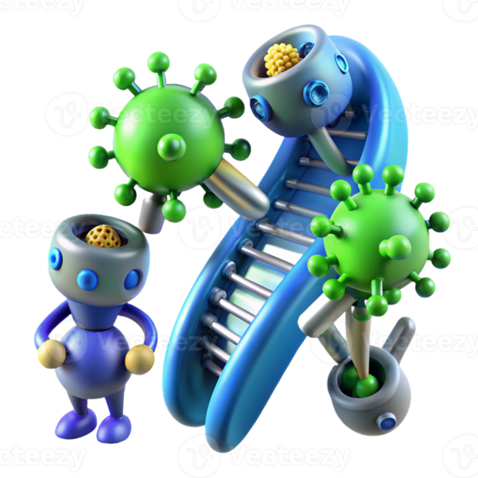 wonderful rustic A group of nanobots repairing a damaged DNA strand, microscopic view, vibrant green and blue hues, scientific illustration style high resolution png