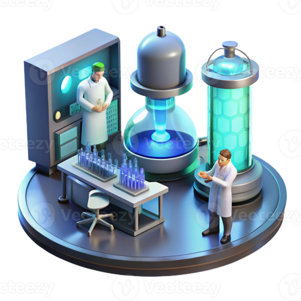 magnificent artistic A futuristic laboratory filled with glowing equipment, scientists working in the background, sterile environment, realistic style detailed png