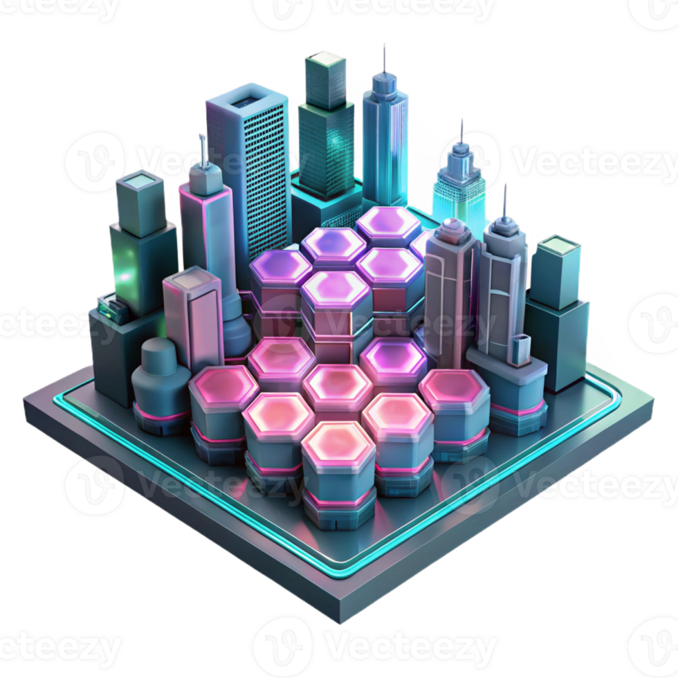 beautiful minimalist A futuristic cityscape built on interconnected hexagonal platforms, illuminated by neon pink and teal lights, cyberpunk style exclusive png