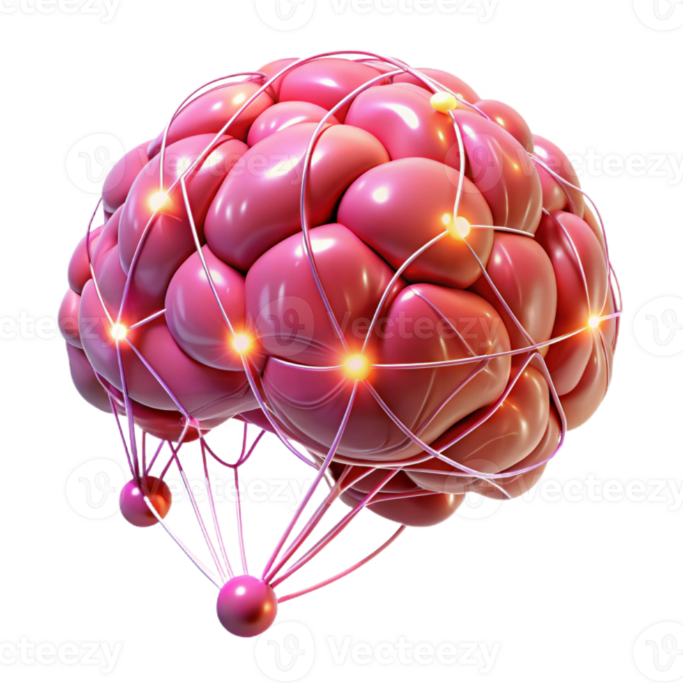 vibrant modern A human brain connected to a network of glowing wires, illuminated by pulsating pink light, in a cyberpunk style exclusive png