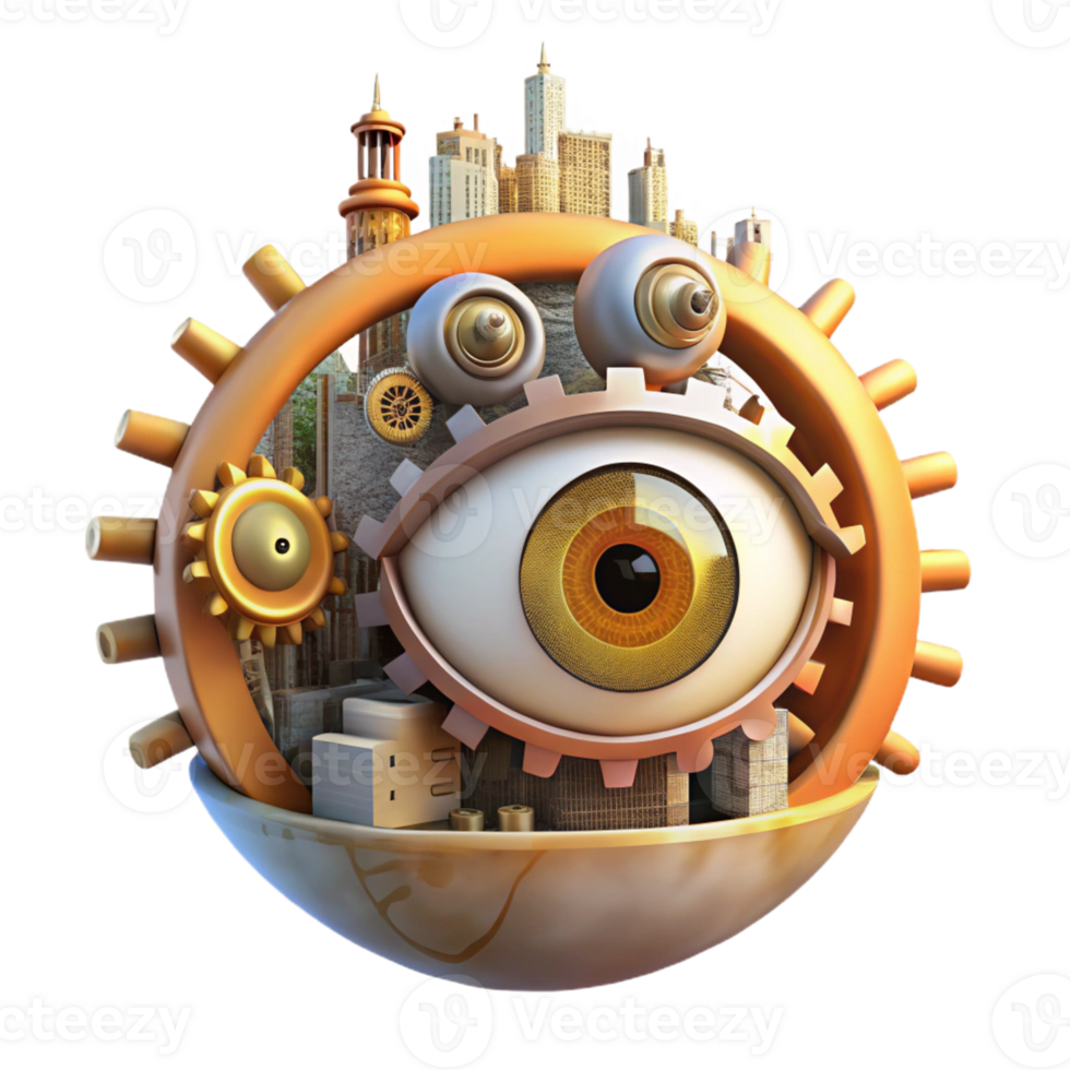 elegant rustic A giant, floating eye watches over a city made of interconnected gears and cogs. Steampunk style, warm, artificial lighting high resolution png