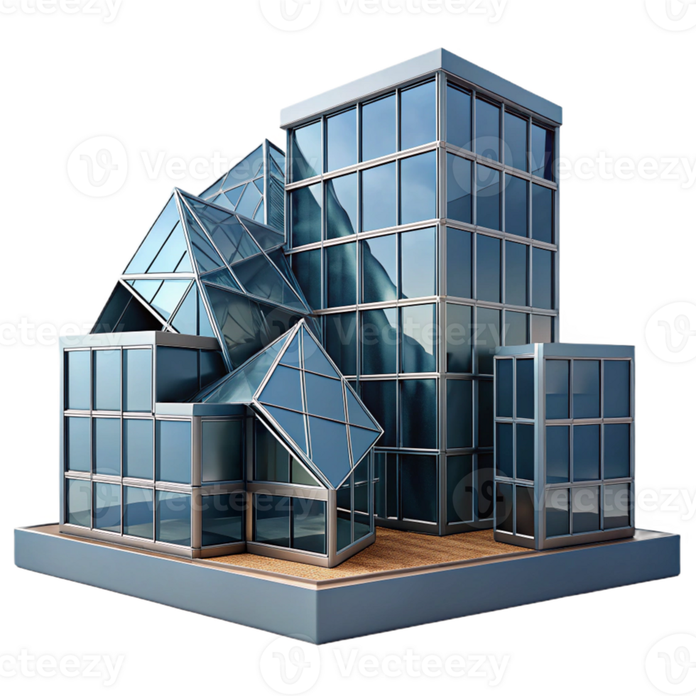 serene minimalist Deconstructivist office building, fragmented shapes, angular planes, steel and glass construction, cityscape background authentic png