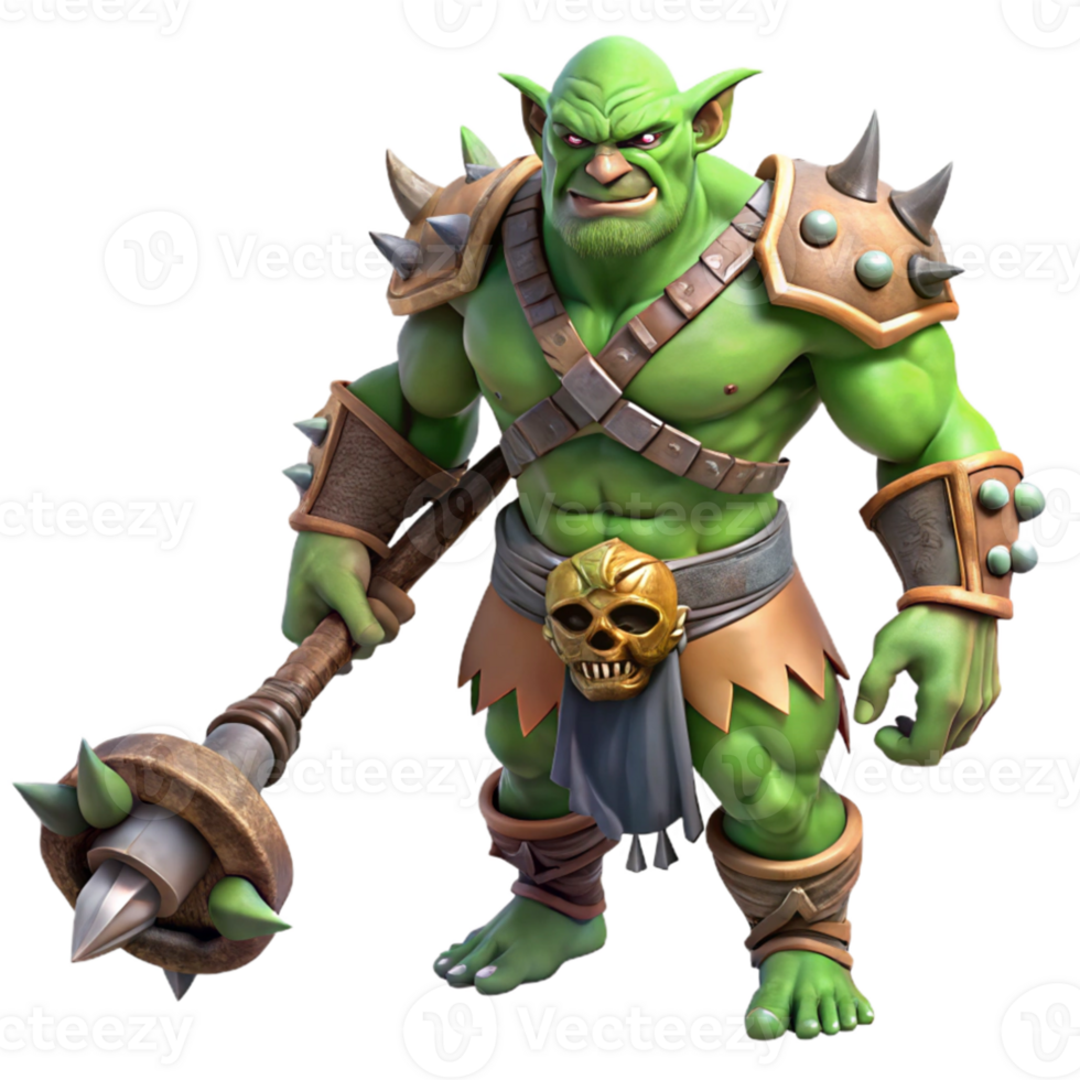 wonderful traditional A fierce orc chieftain with intricate tribal tattoos, brandishing a spiked club, under a stormy, lightning-filled sky. Realistic fantasy art style high quality png