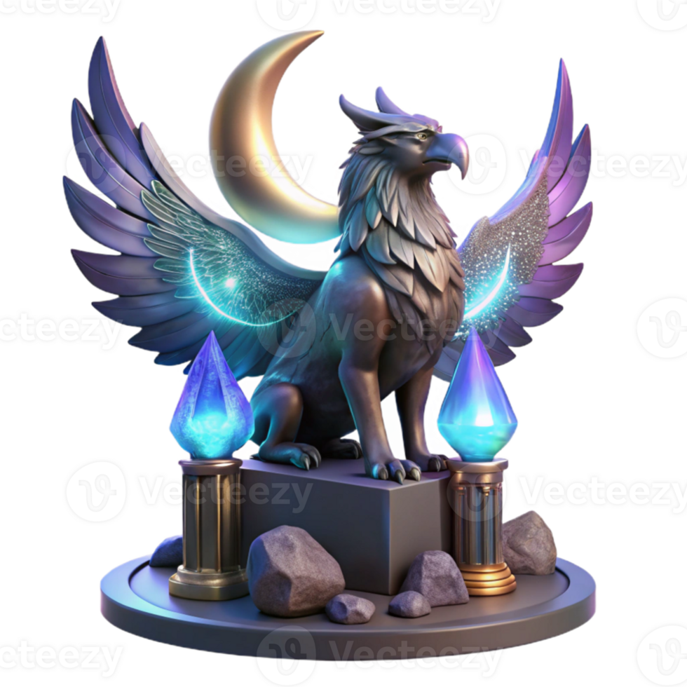 serene minimalist A majestic griffin with iridescent feathers, perched atop a crumbling obsidian tower, illuminated by the ethereal glow of three moons. Art Nouveau style detailed png